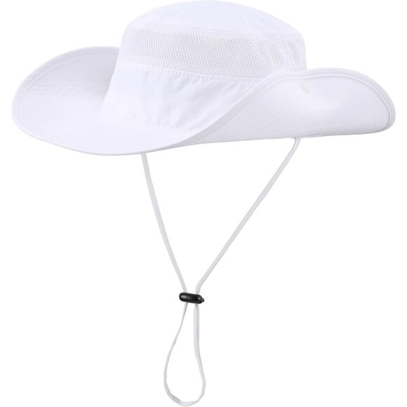 Accessories - Unisex White 100% Polyester Wide Brim Boonie Mesh With Chin Strap Bucket Sun Hat
